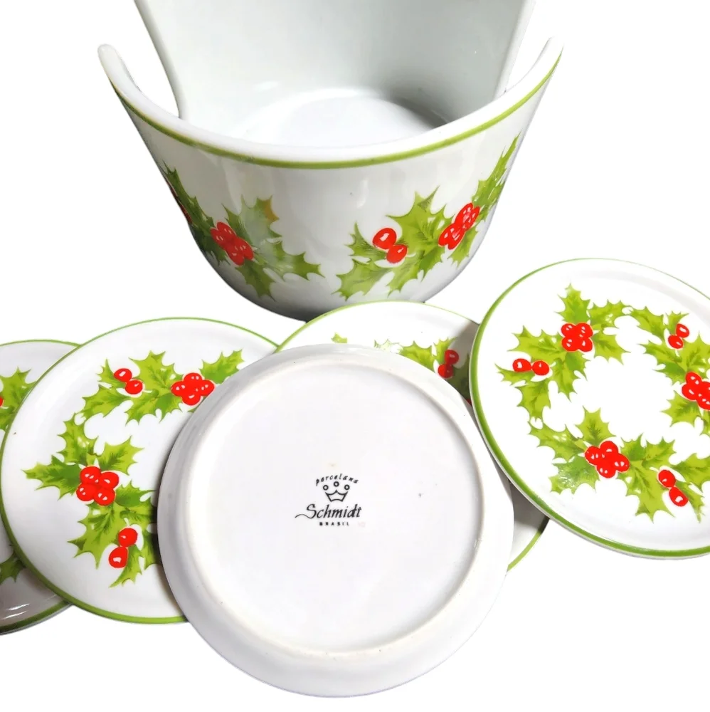 Schmidt Brazil Vintage Porcelain‎ Christmas Holly & Berries 5 Coaster Set